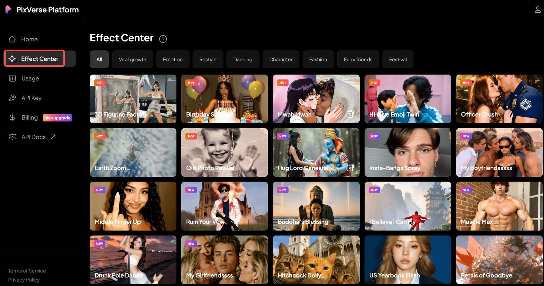 Официальный Effect Center платформы PixVerse с каталогом шаблонов