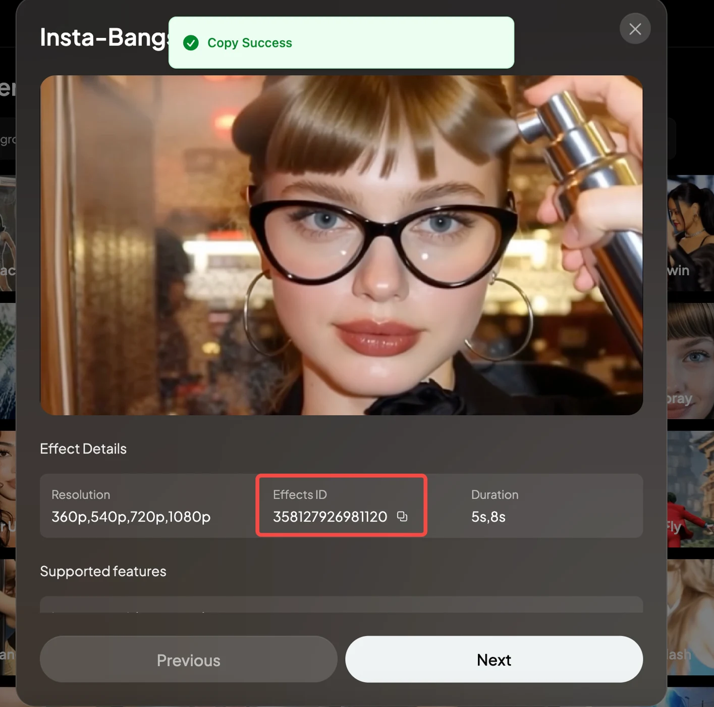 Карточка Insta-Bangs Spray с параметрами эффекта в официальной документации